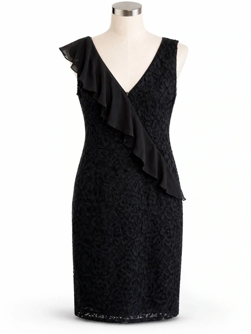 Sam Edelman Black Lace Ruffle Sheath Cocktail Dress Size 8